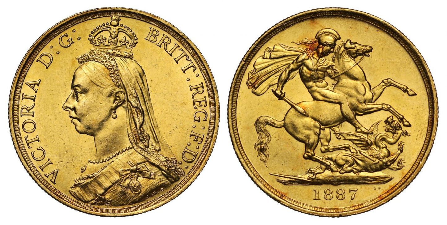 Victoria 1887 Two-Pounds, short date figures with tiny B.P. in exergue