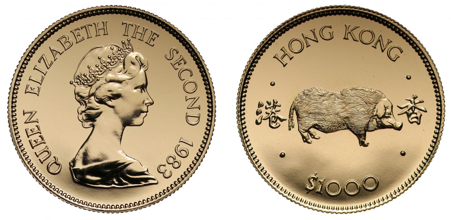 Hong Kong 1983 gold BU $1000 - Lunar Year of the Pig