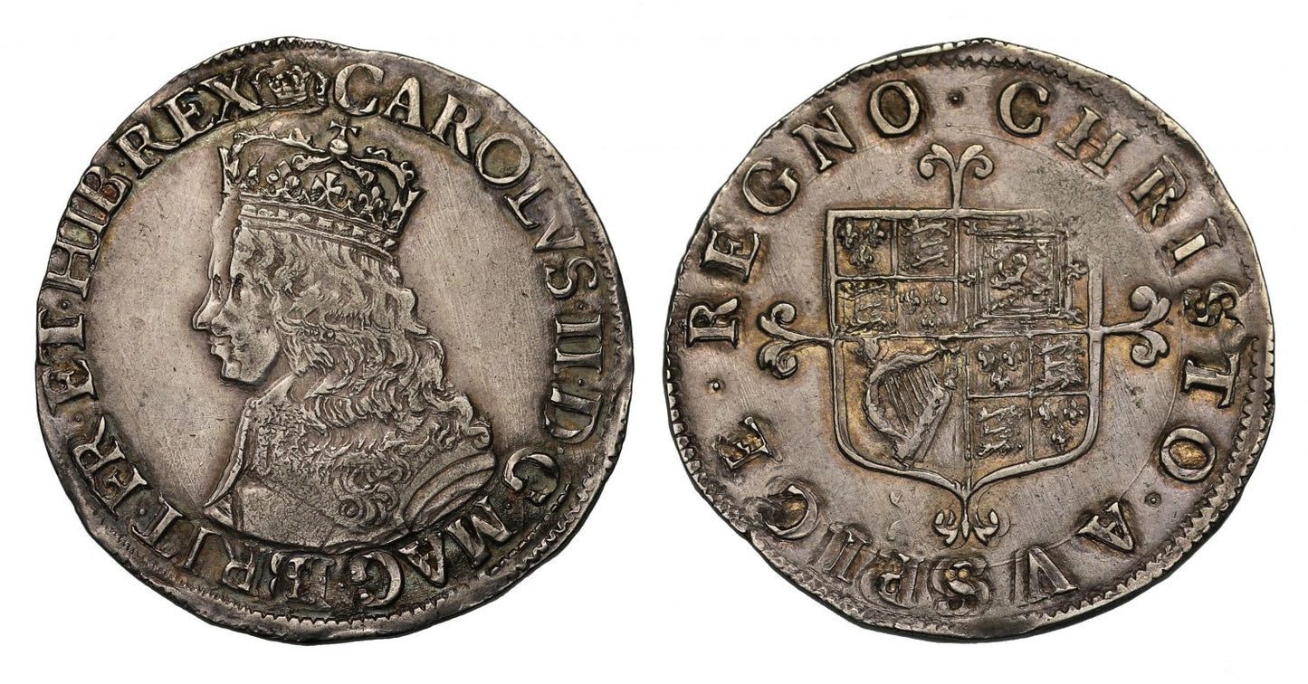 Charles II first hammered issue Shilling, stop at top of reverse
