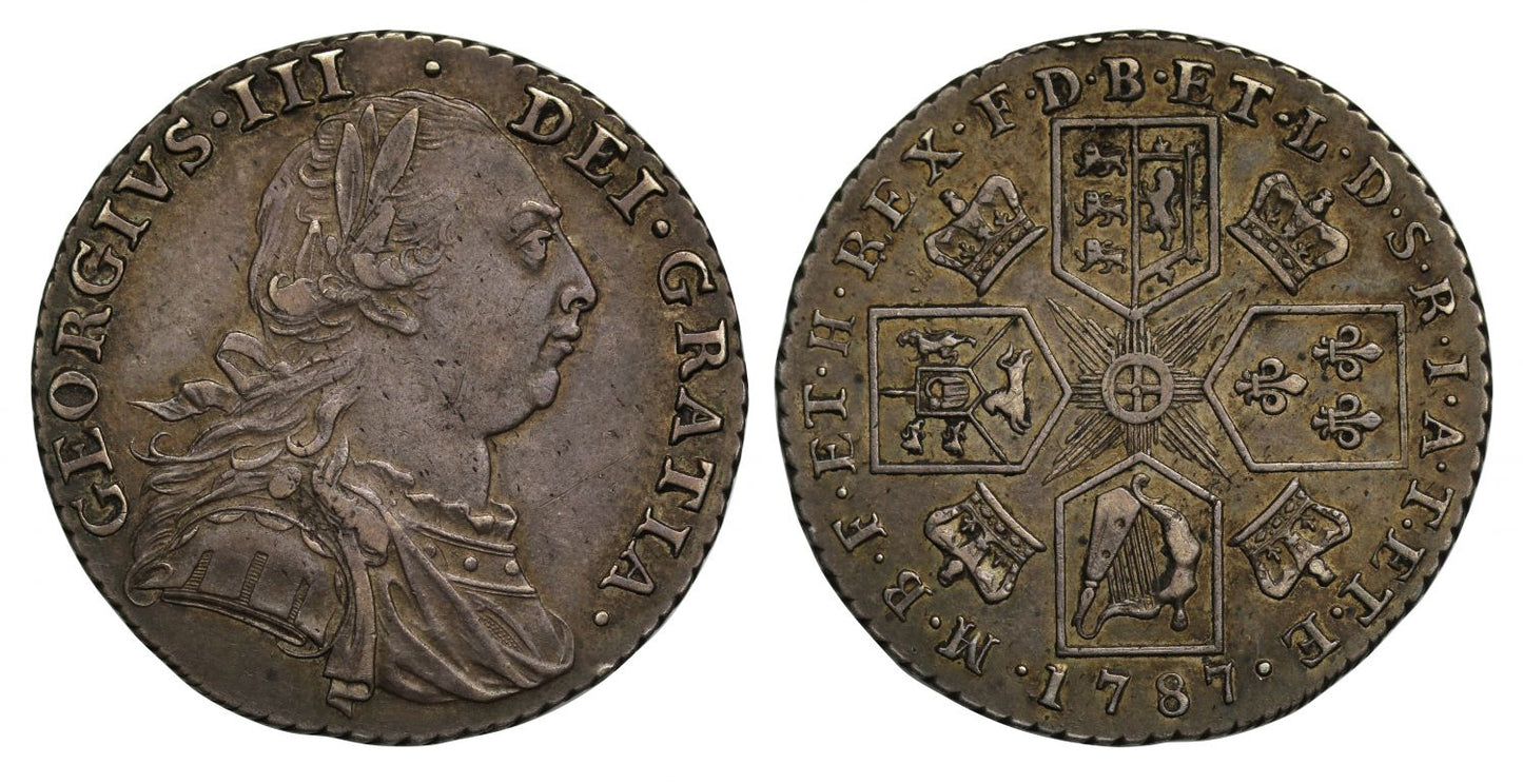 George III 1787 Shilling, no semée of hearts in Hanoverian arms