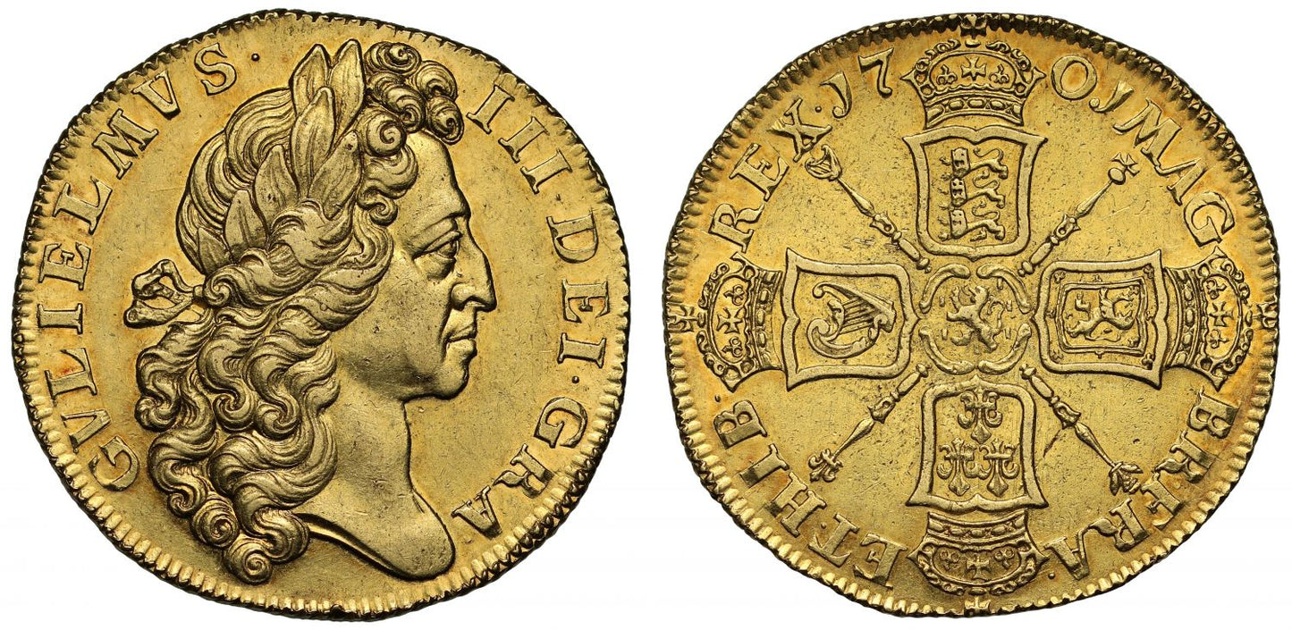 William III 1701 "Fine work" Two-Guineas, one year only type, AU58
