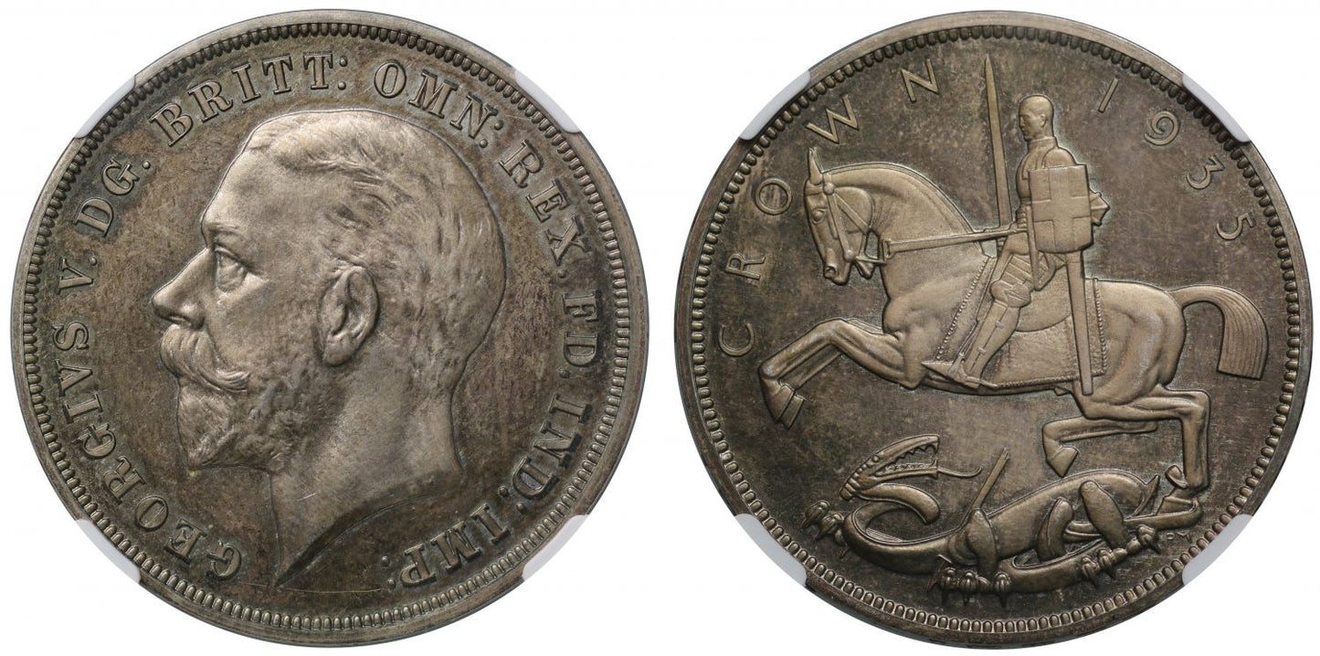 George V 1935 proof Jubilee Crown, raised edge lettering PF64