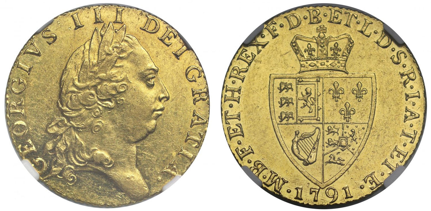 George III 1791 Guinea, fifth bust, spade type reverse AU58