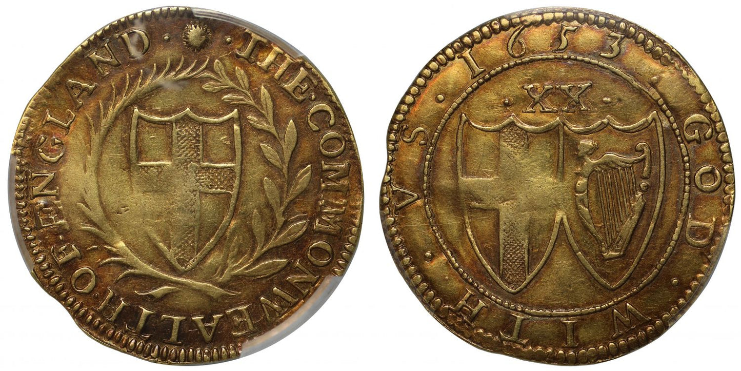 Commonwealth 1653 Unite, O over sideways O in GOD, R3, VF35