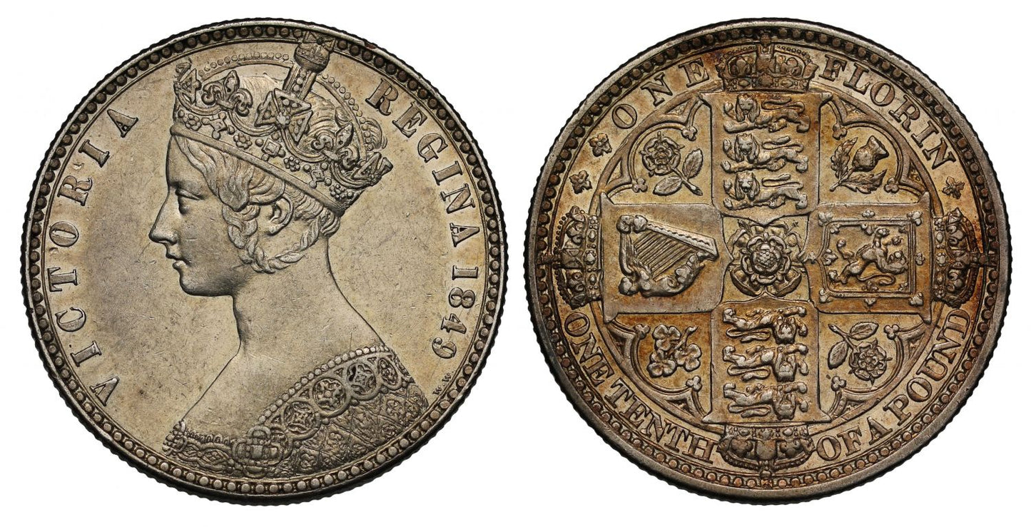 Victoria 1849 "Godless" Florin, Gothic bust, WW clear of border, first current forin