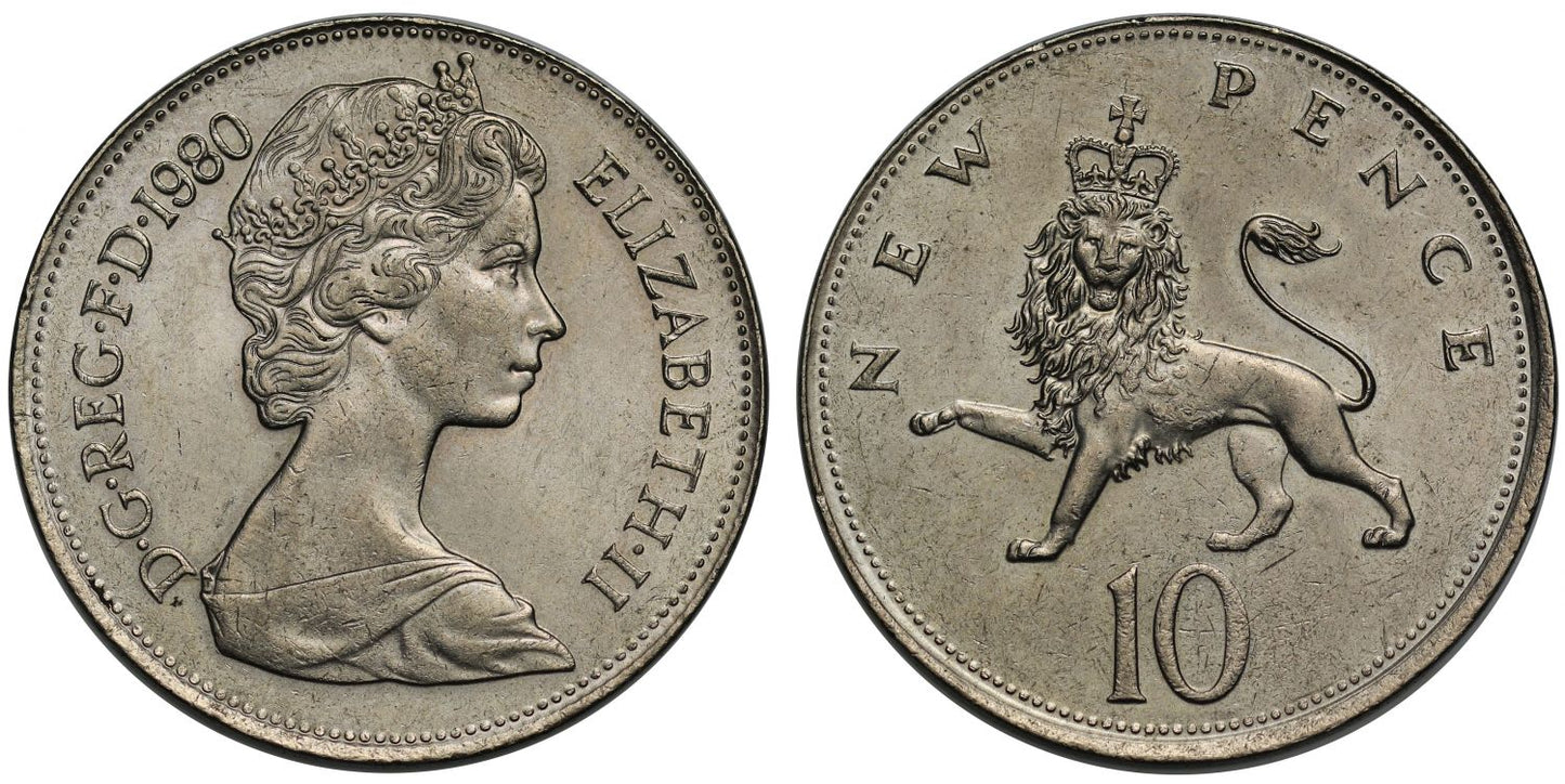 Elizabeth II 1980 Ten Pence Mis-Strike on an 8 gram nickel flan MS61