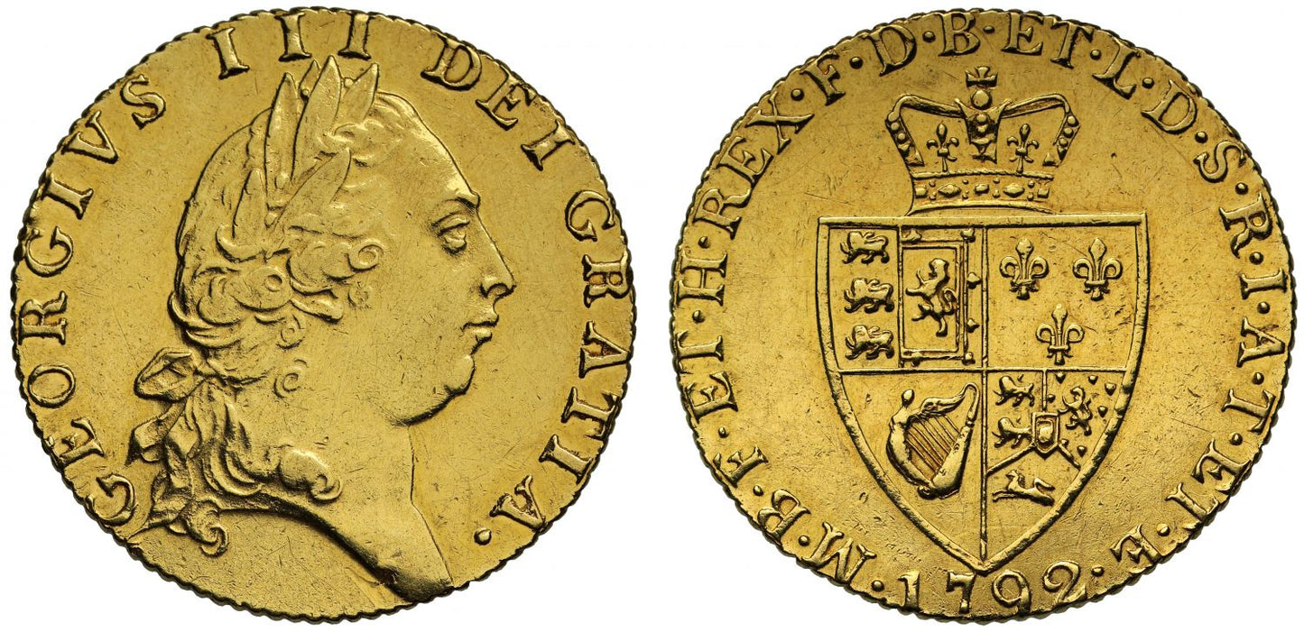 George III 1792 Guinea, fifth head, spade type reverse, large 92 in date