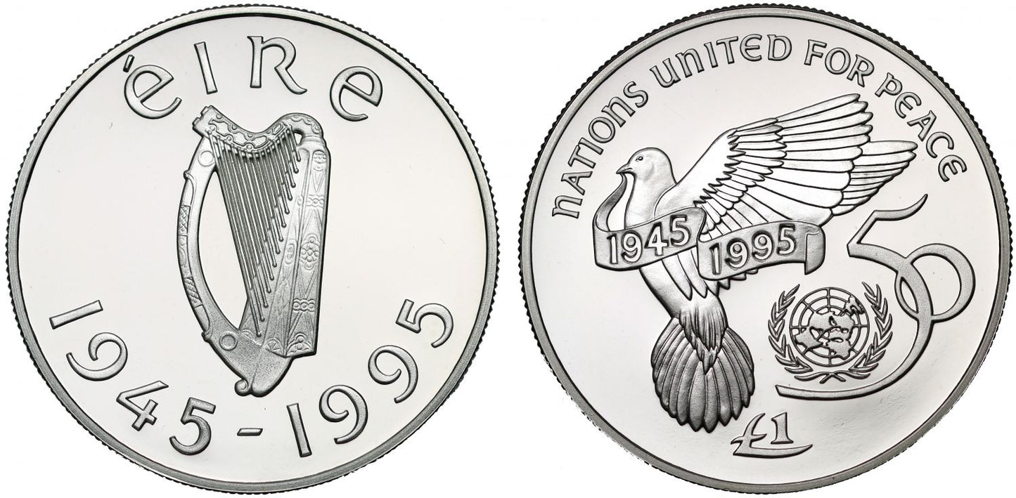 Republic of Ireland,1995 silver proof £1, 50th Anniversary of the UN, box and cert