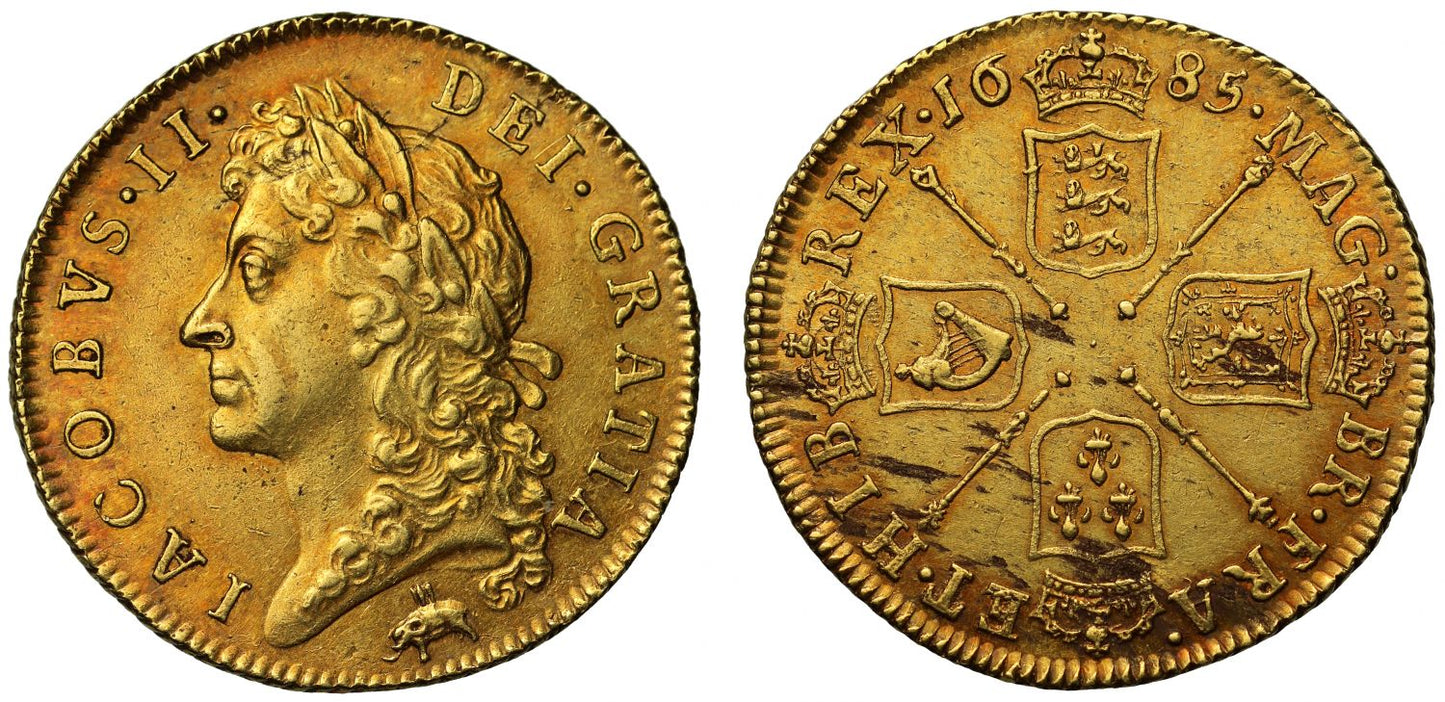 James II 1685 Guinea Elephant and Castle below first bust AU55
