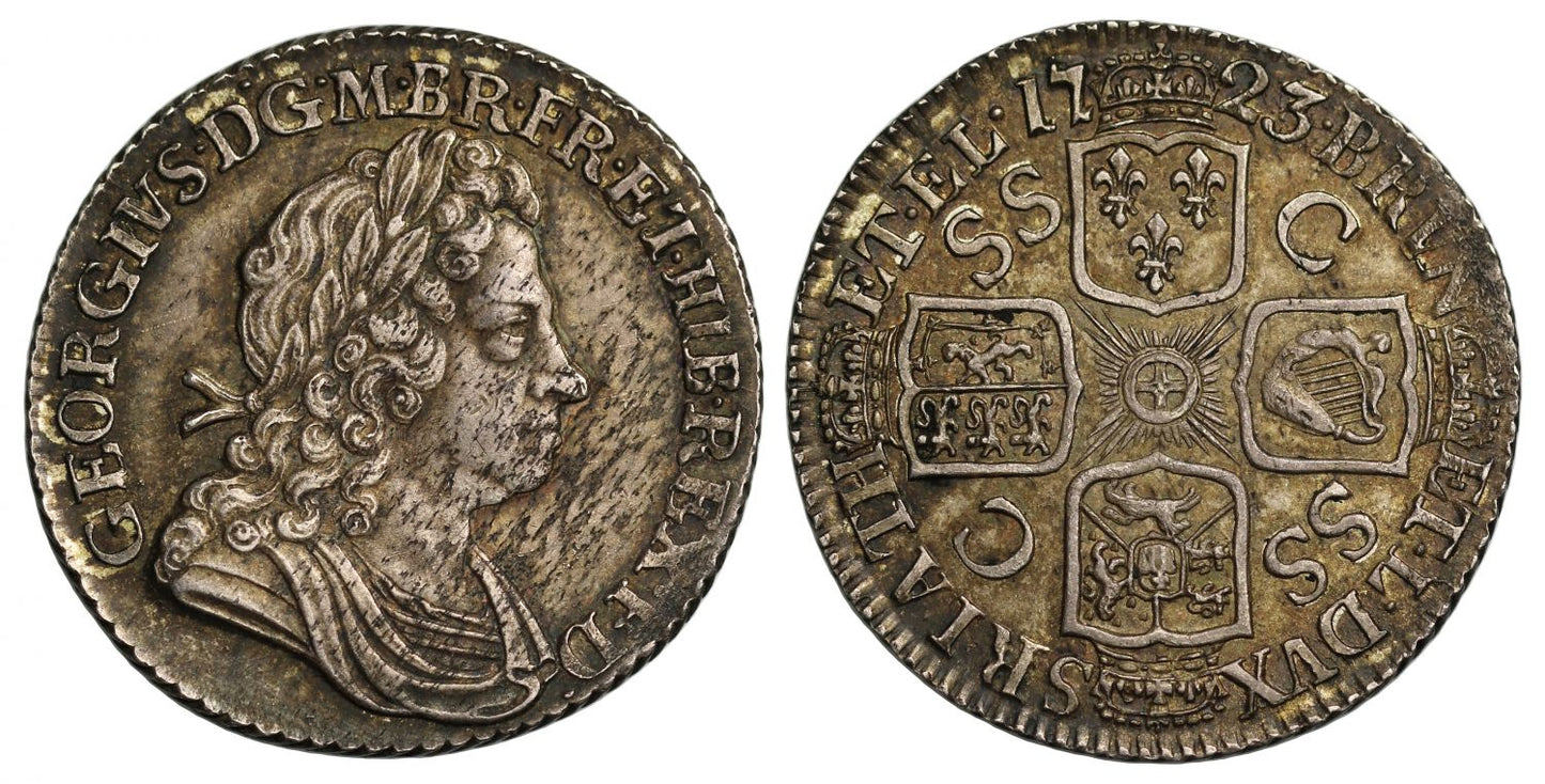 George I 1723 SSC Shilling, French Arms at date, AU58 very high grade