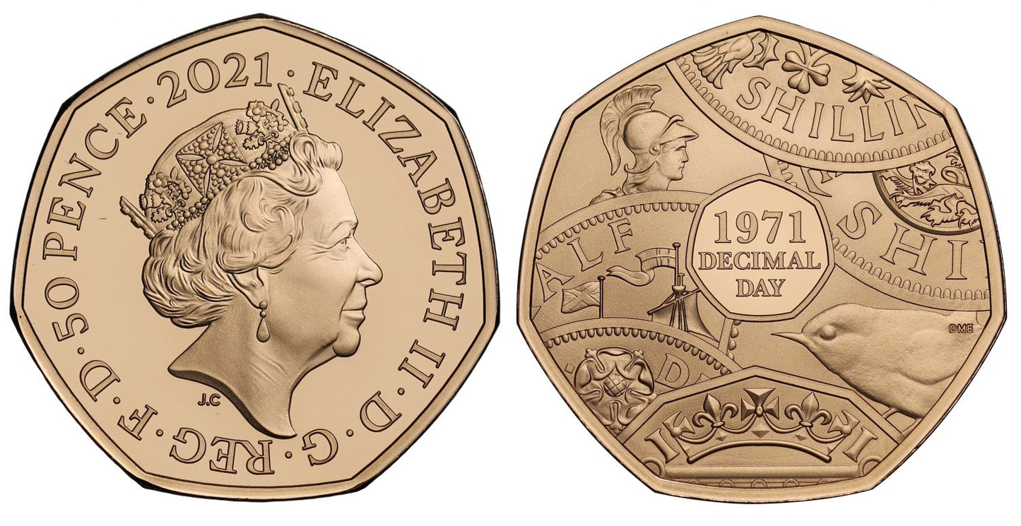Elizabeth II 2021 PF70 UCAM gold Piedfort 50p Decimal Day