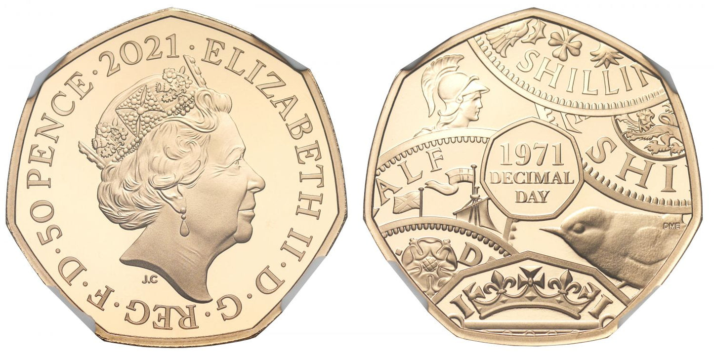 * QEII 2021 PF70 gold proof 50p SOTD Decimal Day 50th Anniversary