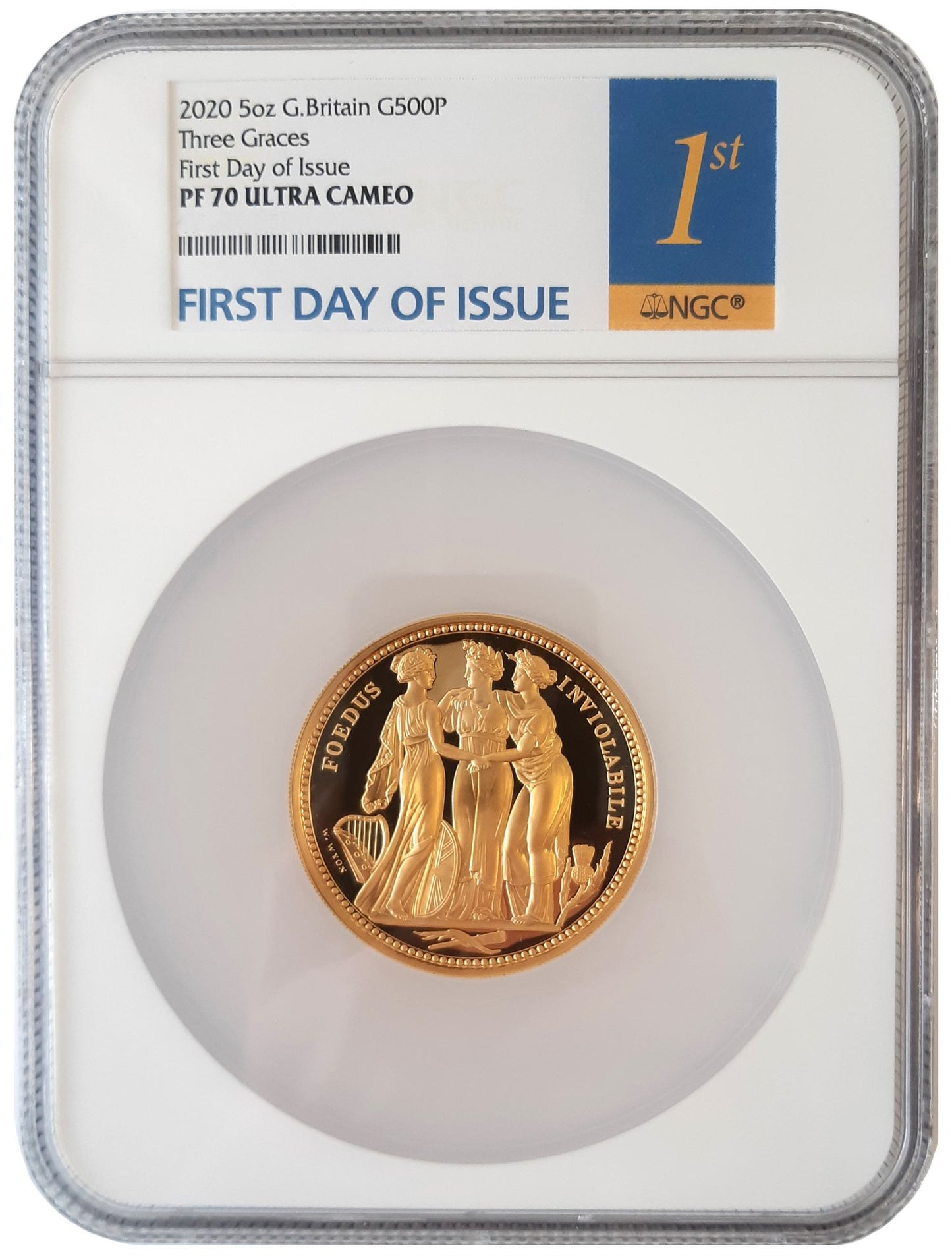 Elizabeth II 2020 PF70 gold 5oz Three Graces, 1st DAY OF ISSUE