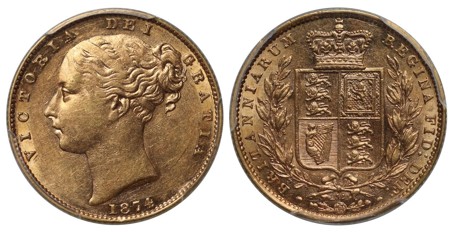 Victoria 1874 Sovereign, shield back, die 32 London, AU55