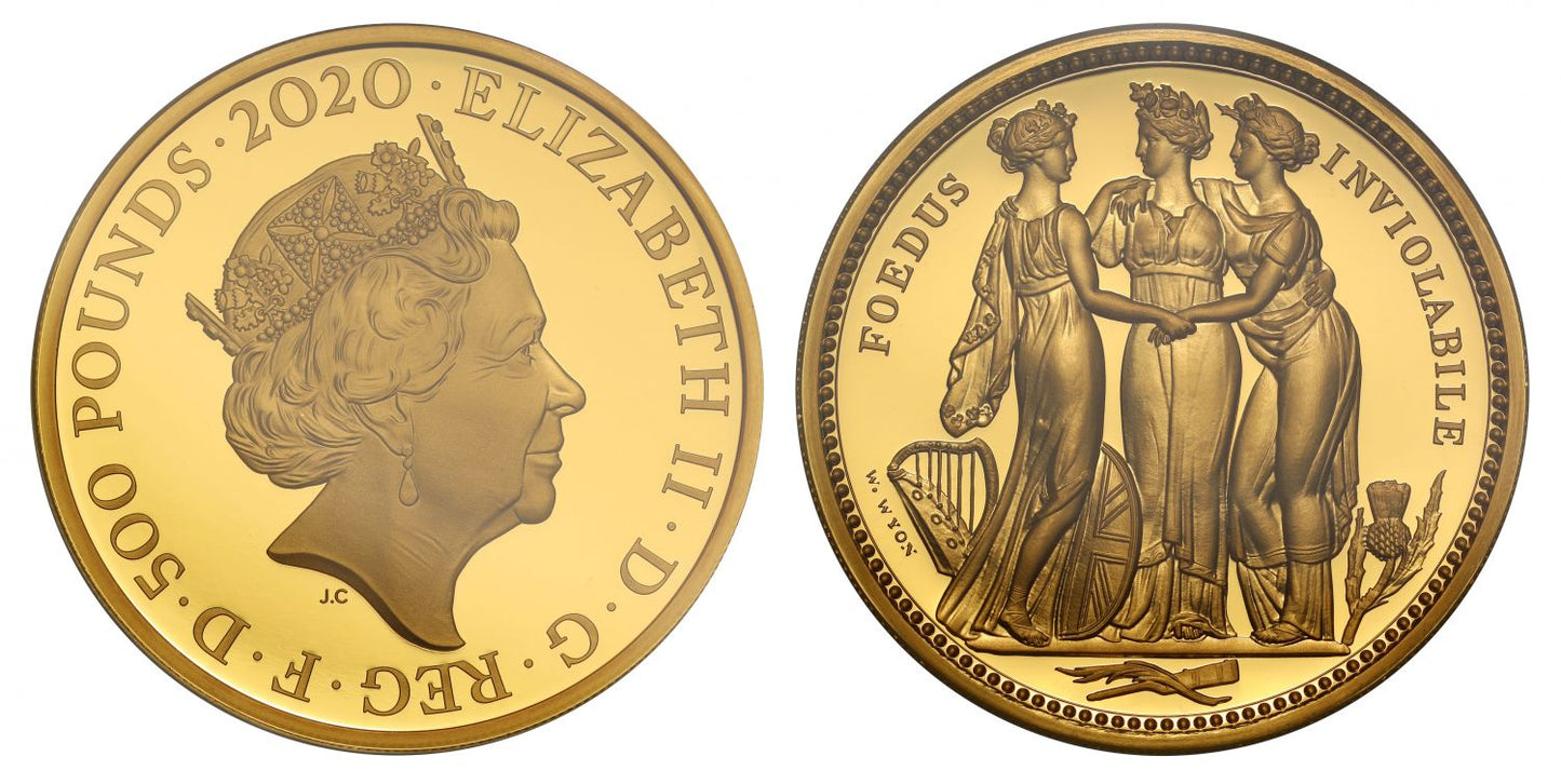 Elizabeth II 2020 PF70 UC 1st Day gold 5oz Three Graces