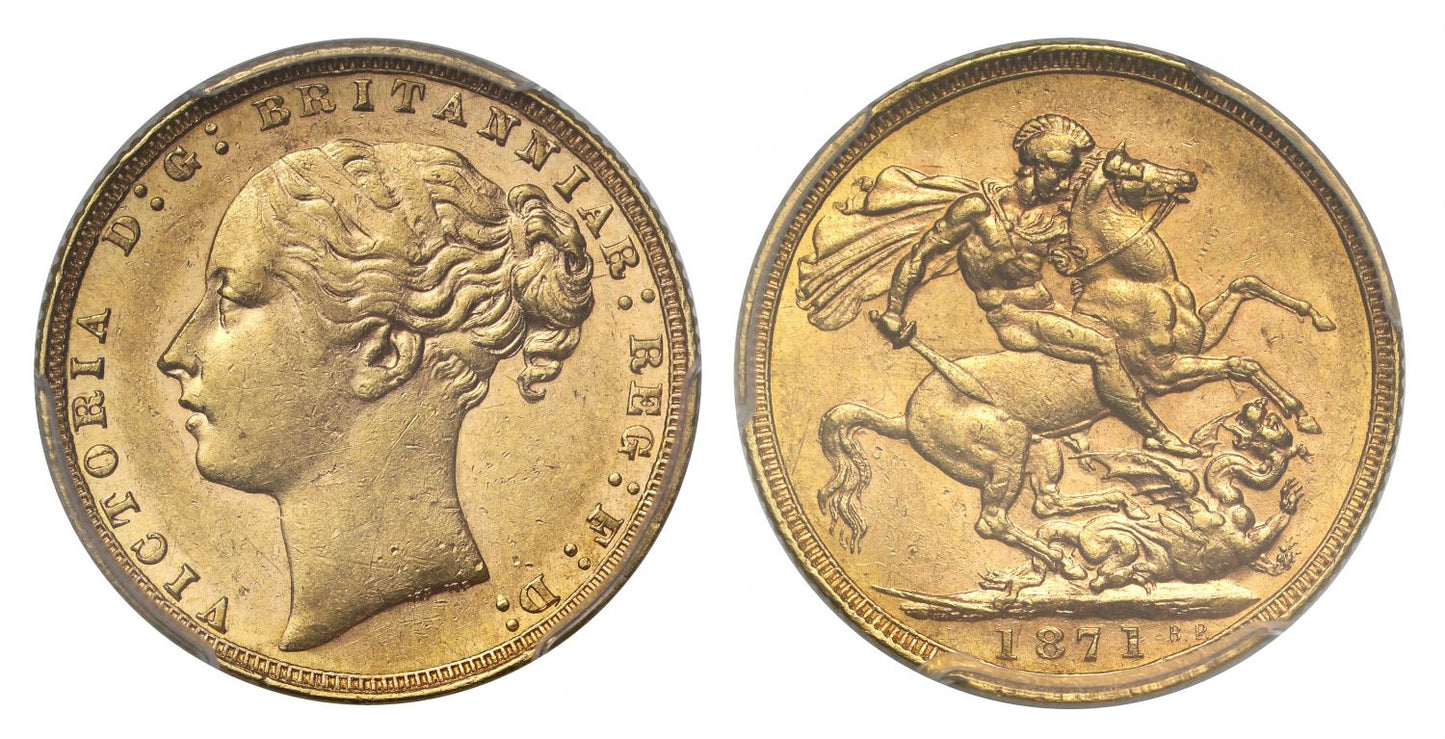 Victoria 1871 London Sovereign, St George, WW buried, short tail, large BP AU55
