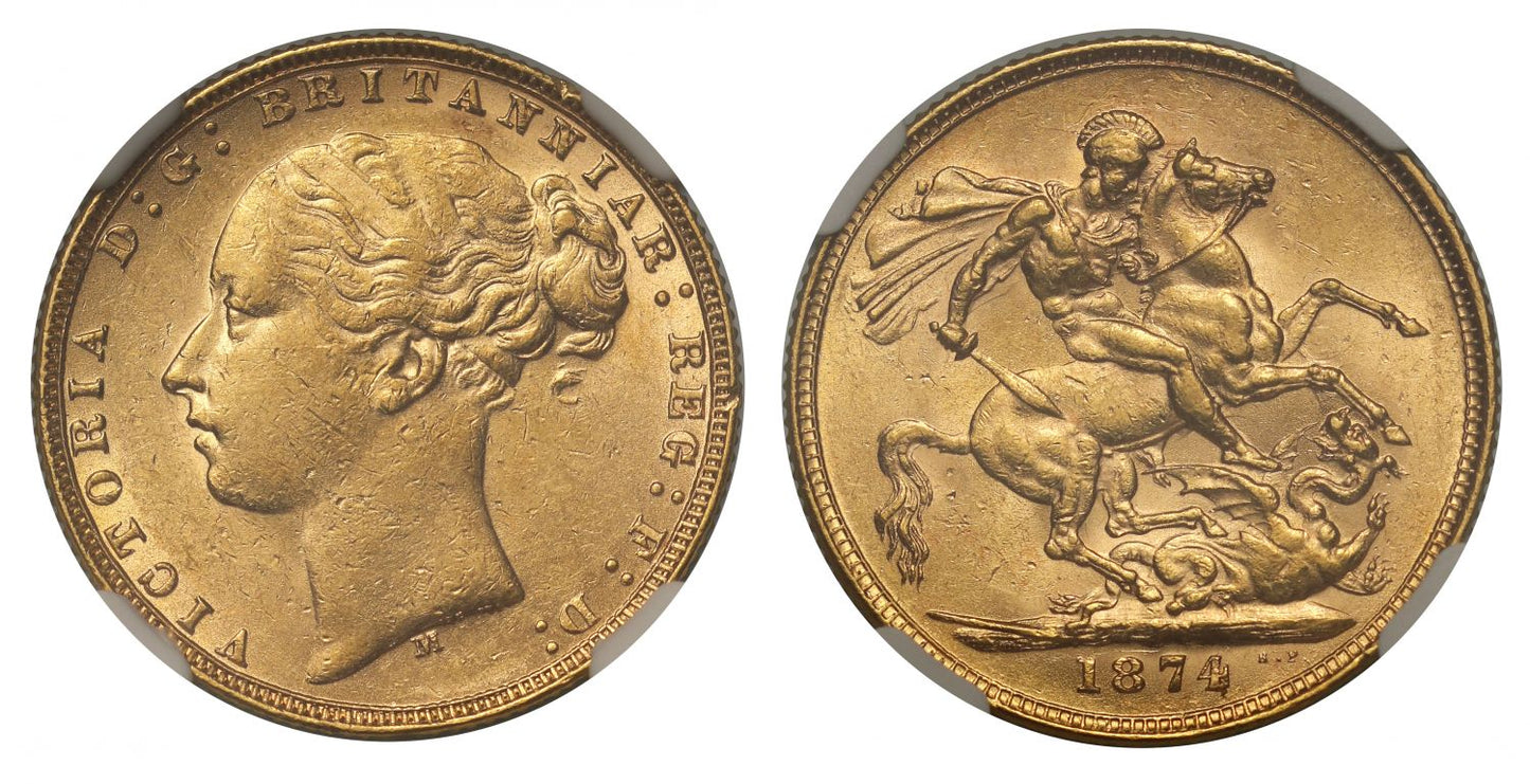 Victoria 1874-M Sovereign, Melbourne, St George, WW buried, long tail, AU58