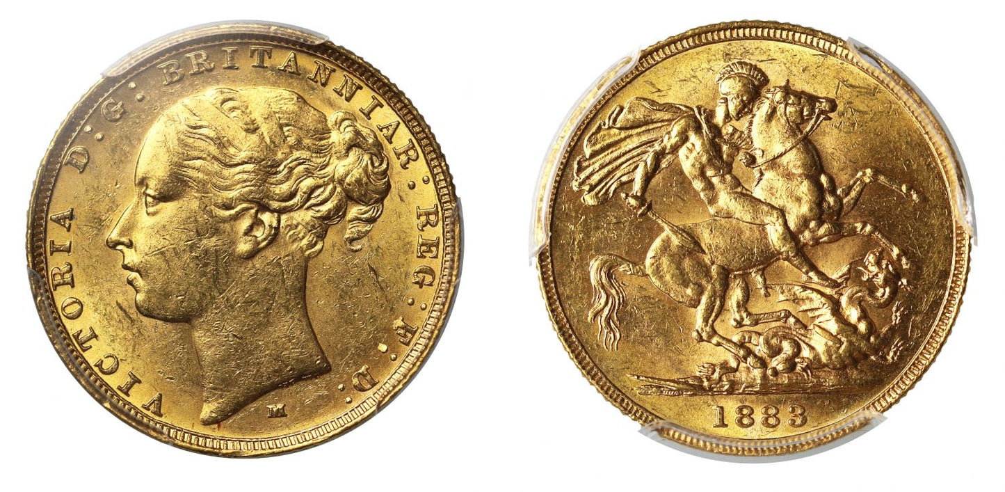 Victoria 1883-M Sovereign, Melbourne, WW buried, short tail, small BP, MS62