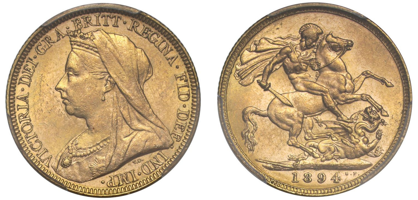 Victoria 1894-M Sovereign, Melbourne, old head, graded MS62