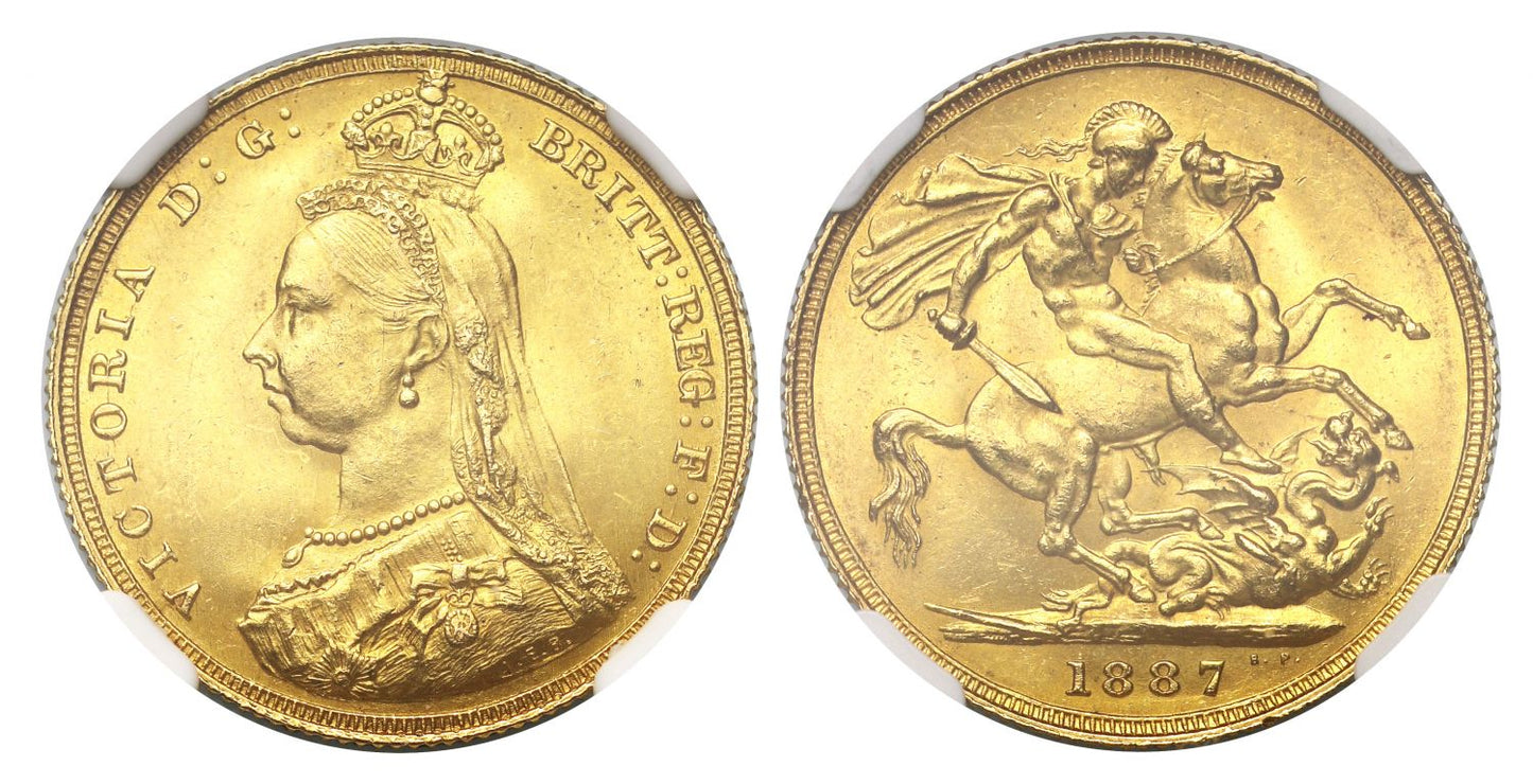 Victoria 1887 Sovereign, Jubilee head, imperfect IEB, graded MS64