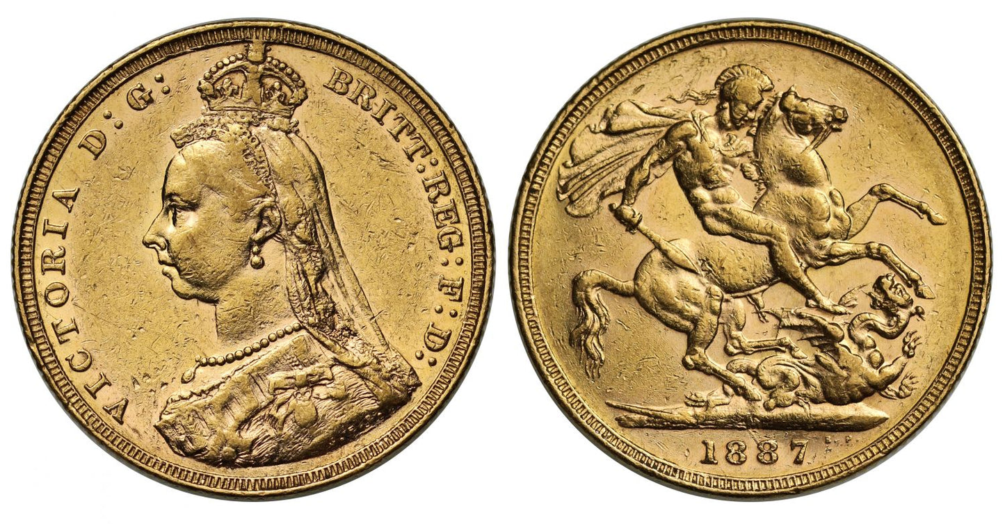 Victoria 1887-M Sovereign, Melbourne, Jubilee type, hooked JEB DISH M1 R5