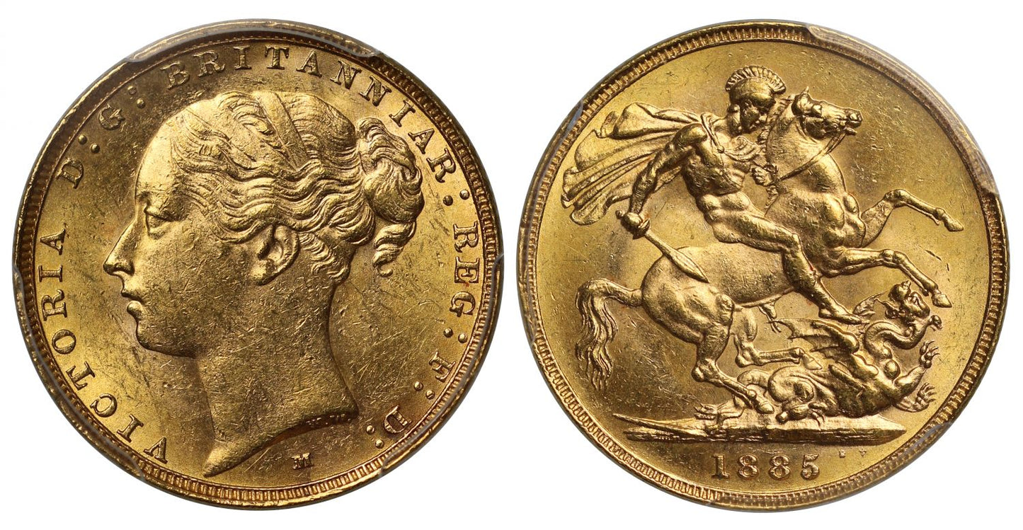 Victoria 1885-M Sovereign Melbourne, WW complete, short tail, small BP, MS62