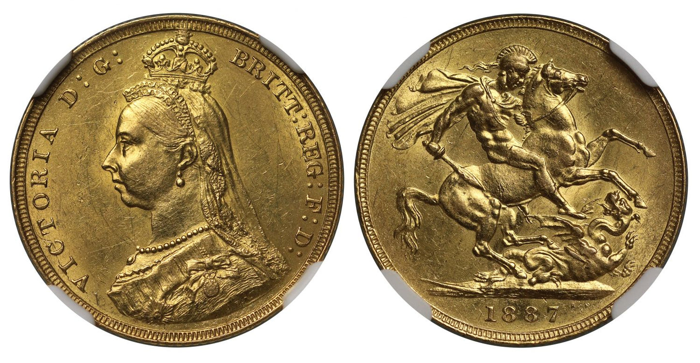 Victoria 1887 Sovereign, Jubilee, hooked J initials, DISH L4 = R5, MS61