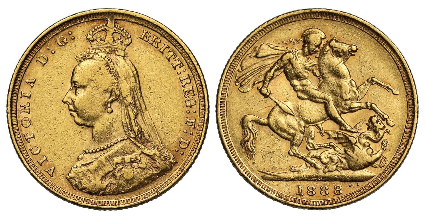 Victoria 1888 Sovereign Sydney mint, first legend S3 obverse = DISH S8 R7