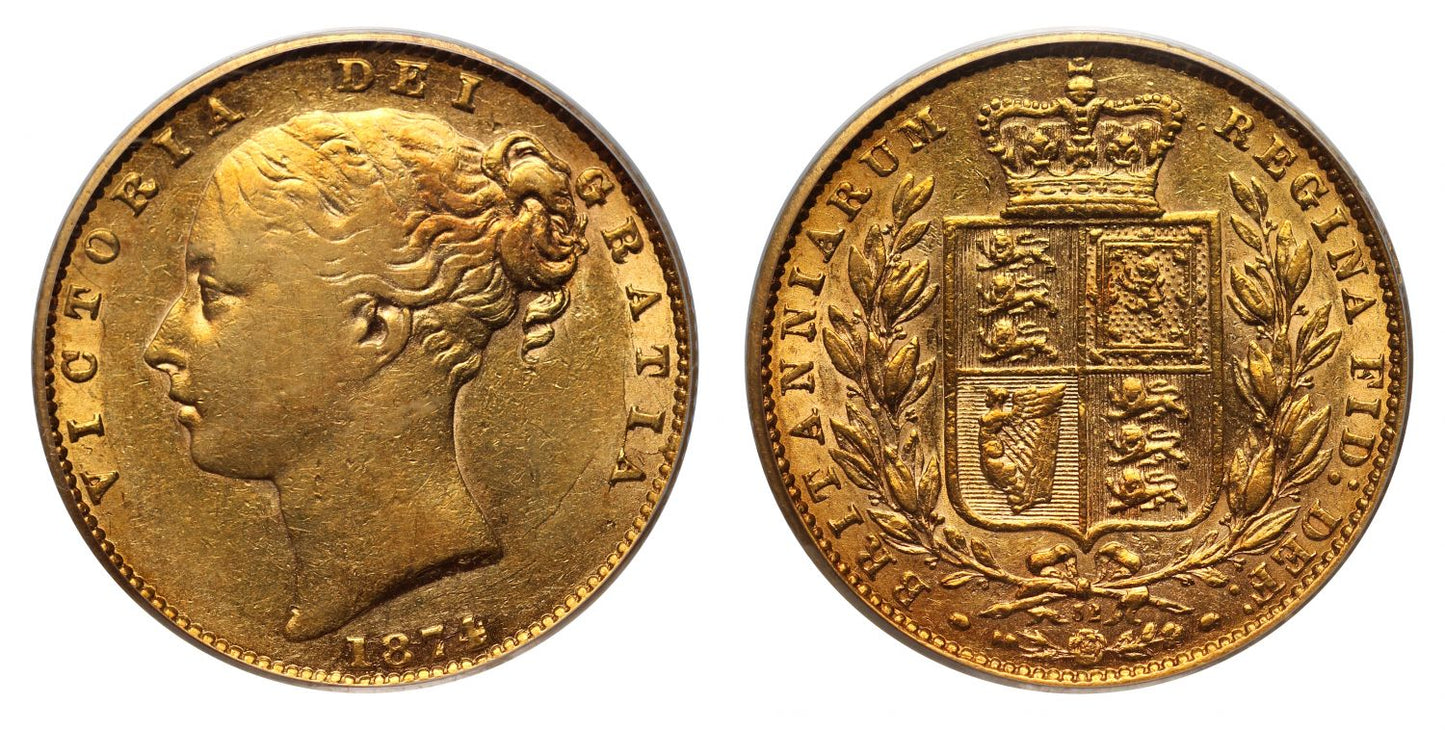 Victoria 1874 shield back Sovereign London mint die 32 R4; XF45