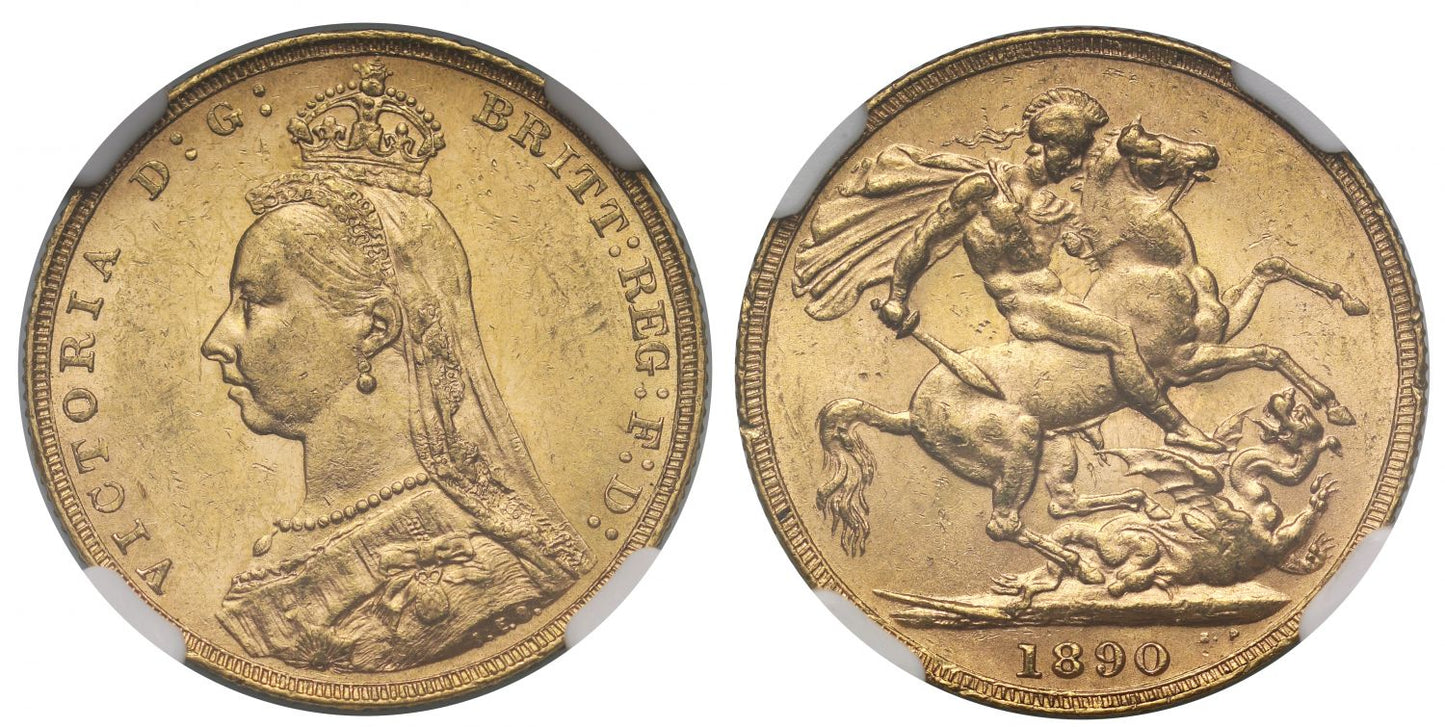 Victoria 1890 Sovereign MS62, second legend, DISH L13