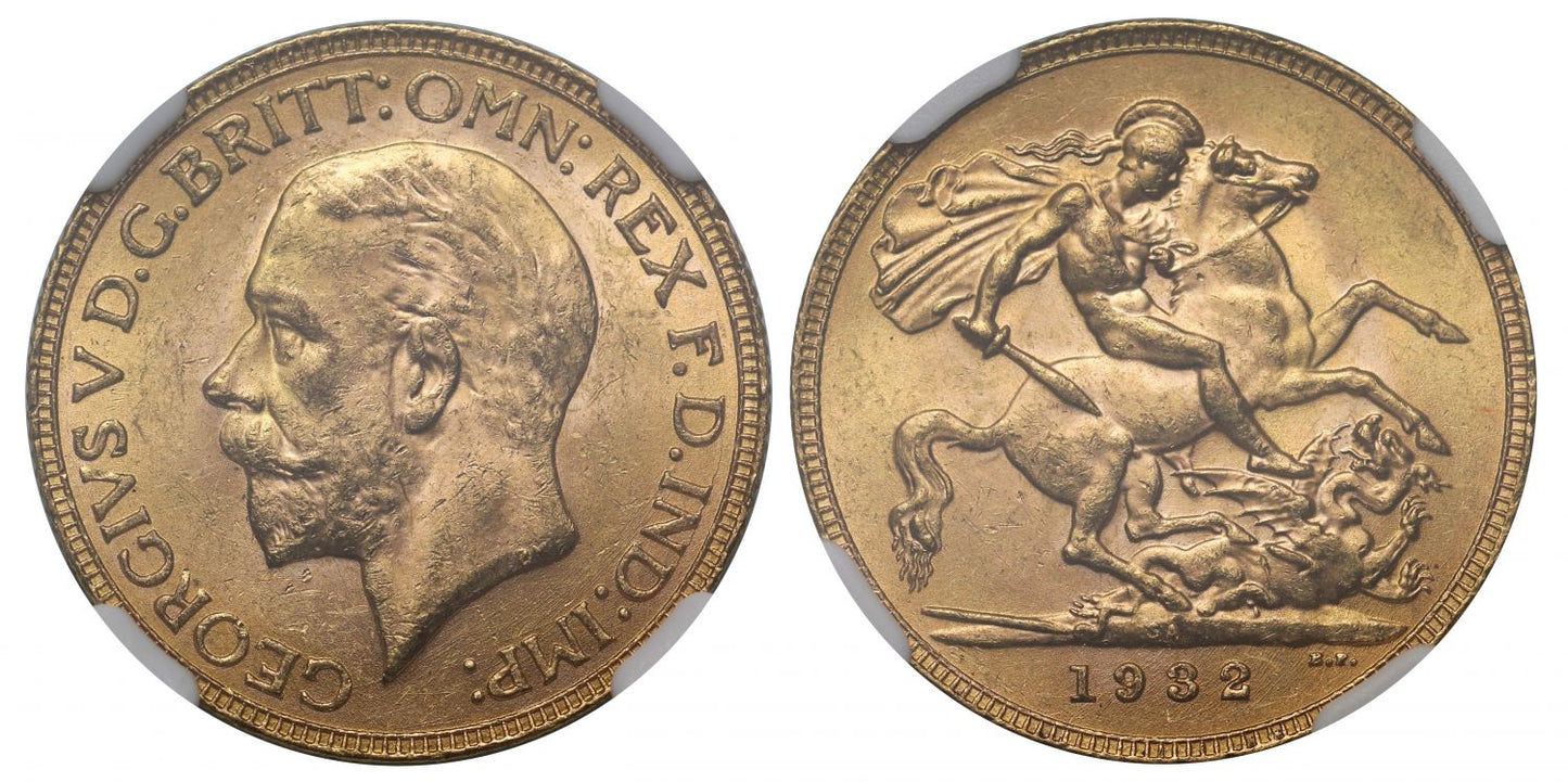 George V 1932-SA Sovereign Pretoria Mint MS62, final year for George V