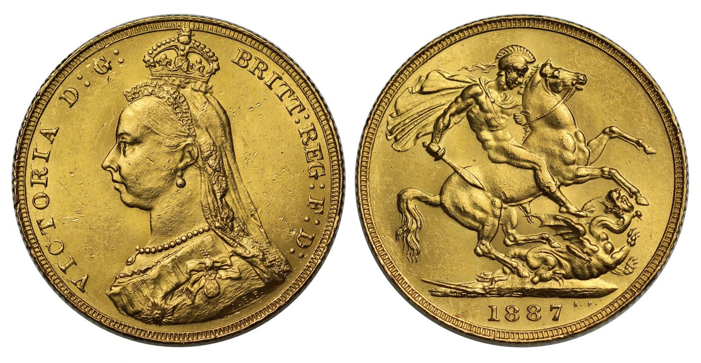 Victoria 1887 Sovereign, Jubilee type, first legend, angled JEB initials