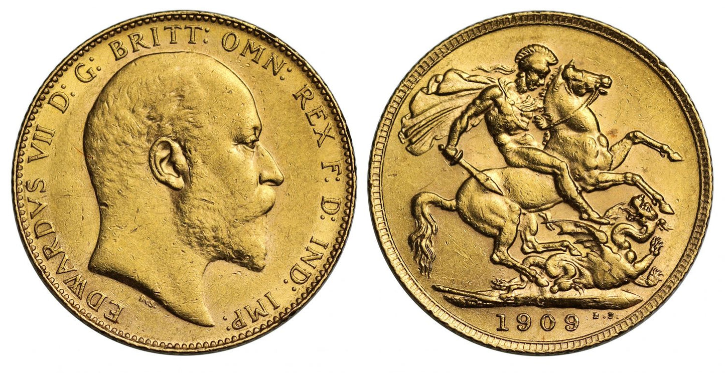 Edward VII 1909 C Sovereign AU55, Ottawa Canada Mint, only 16,300 struck