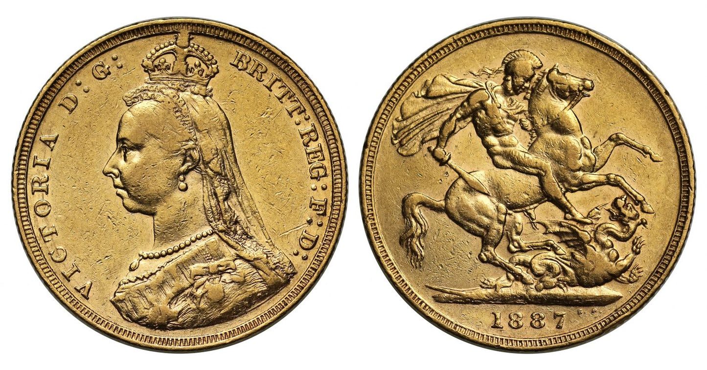 Victoria 1887-M Sovereign, Melbourne, Jubilee type, hooked JEB DISH M2 R5