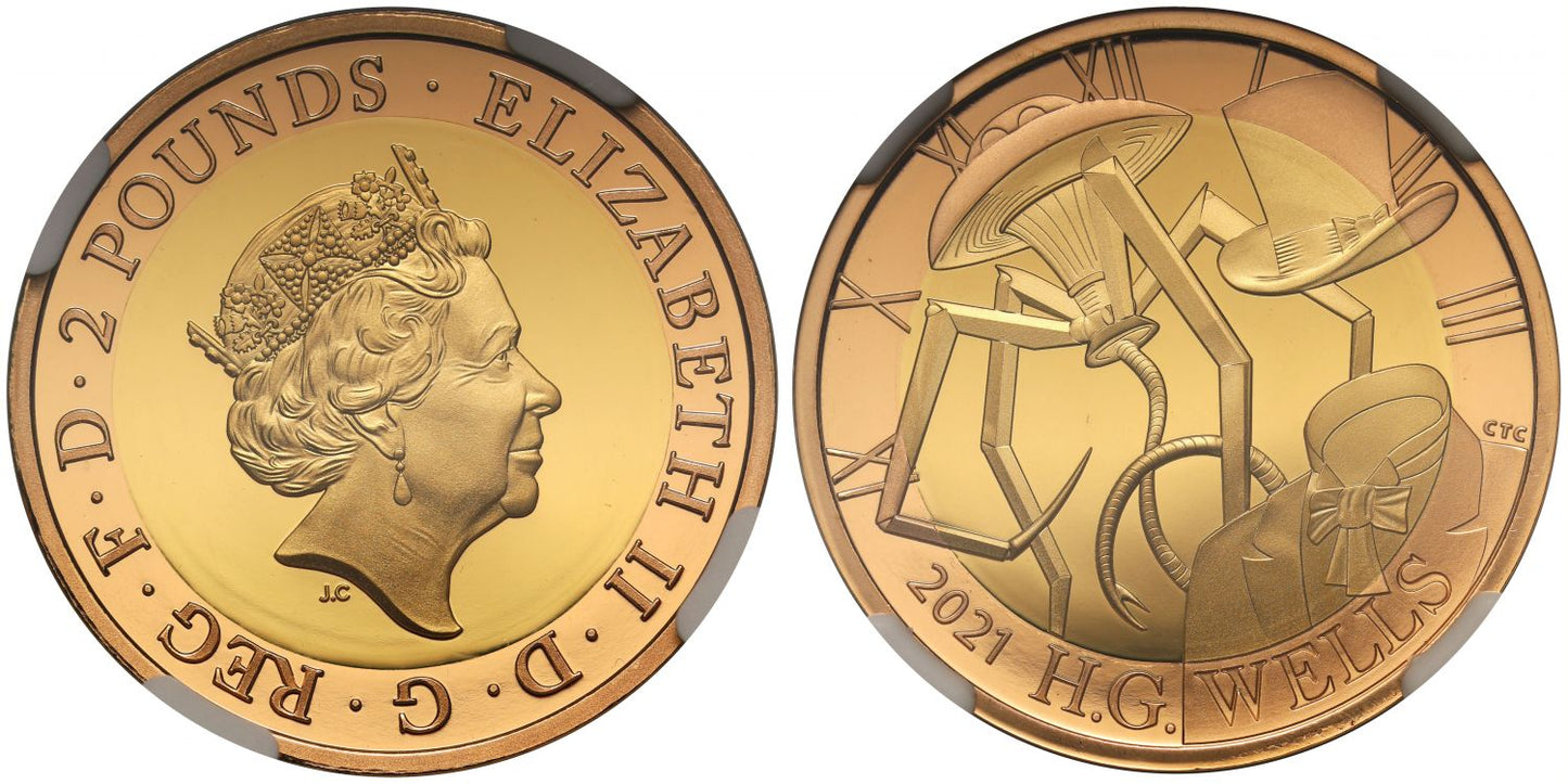 QEII 2021 PF70UC ER gold Two Pounds H.G. Wells