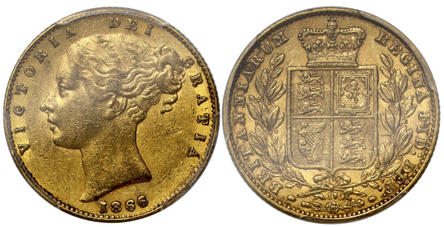 Victoria 1866 Sovereign, with 6 over 5 and reverse die 17 - new discovery AU55