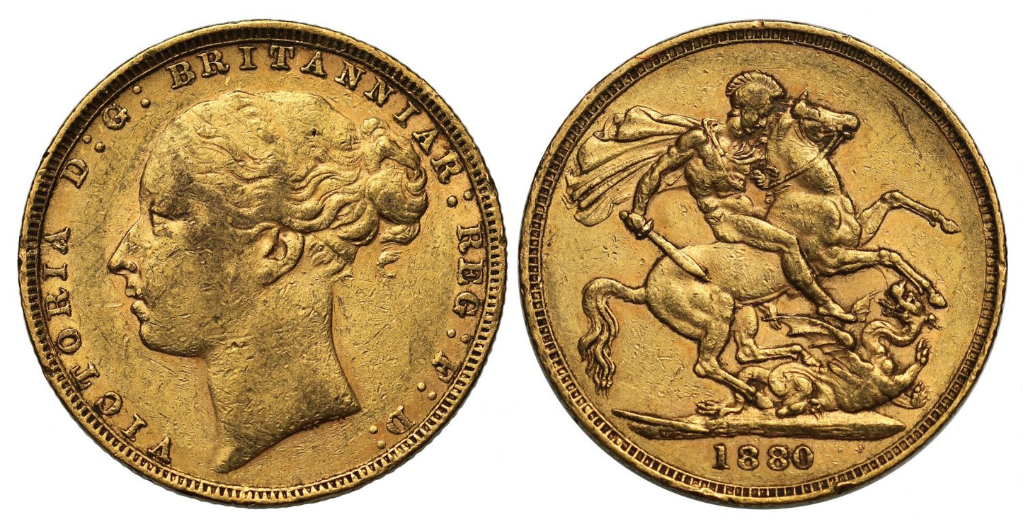 Victoria 1880 Sovereign, second 8 over 7, WW buried, long tail, small BP