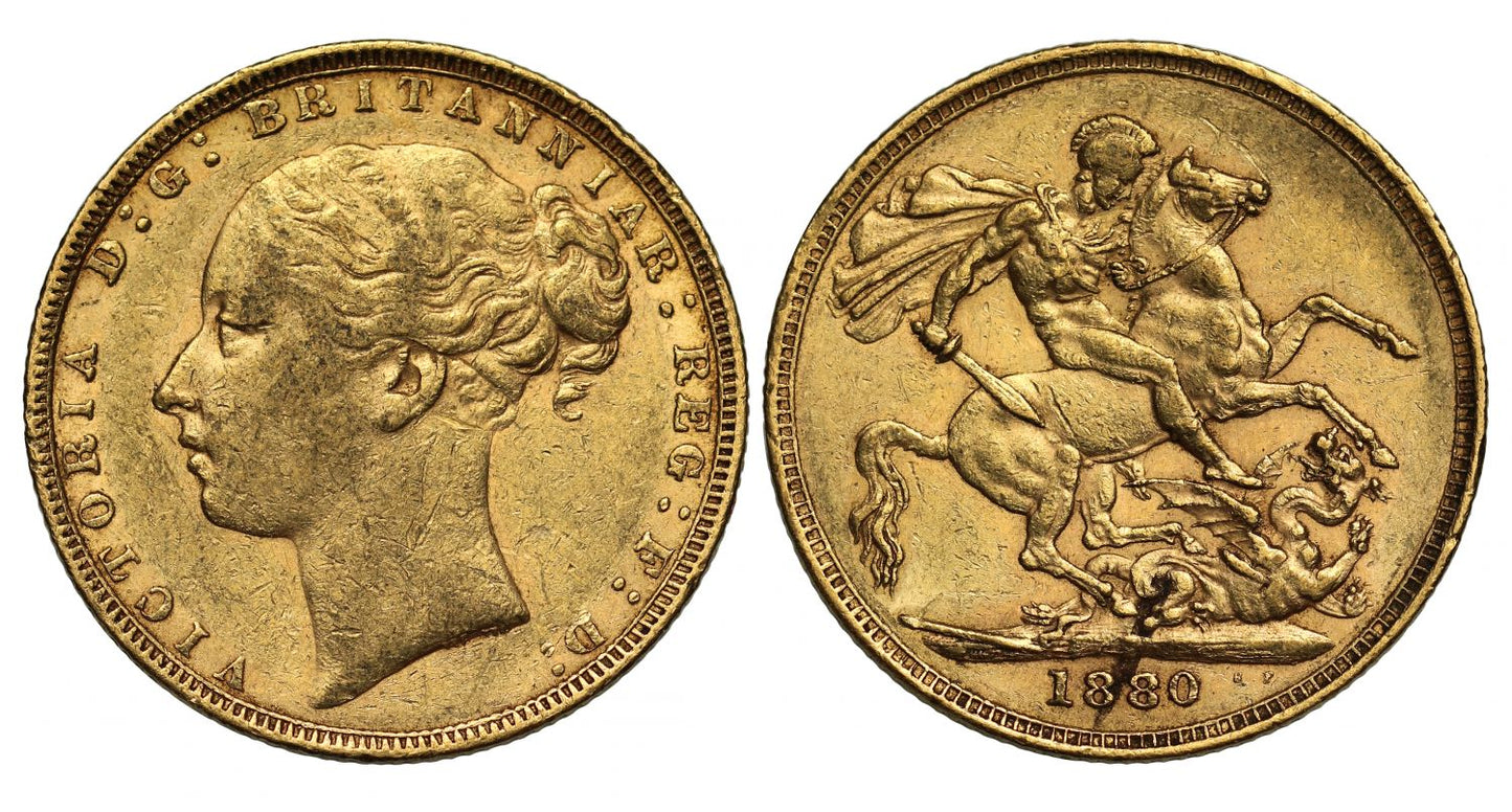Victoria 1880 Sovereign, second 8 over 7, WW buried, long tail, small BP