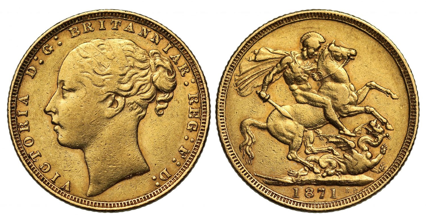 Victoria 1871 Sovereign, WW buried in truncation, large BP, St George London