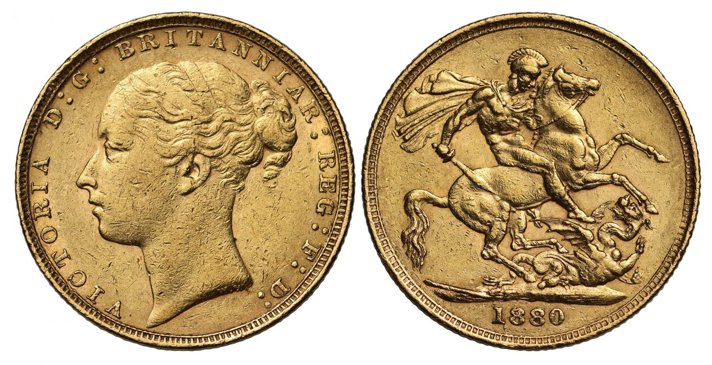 Victoria 1880 Sovereign, second 8 over 7, long tail, WW buried, small weak BP
