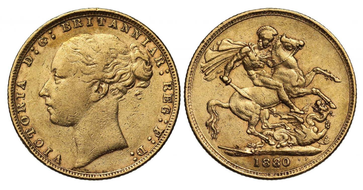 Victoria 1880 Sovereign, second 8 over 7, long tail, WW buried, clear small BP