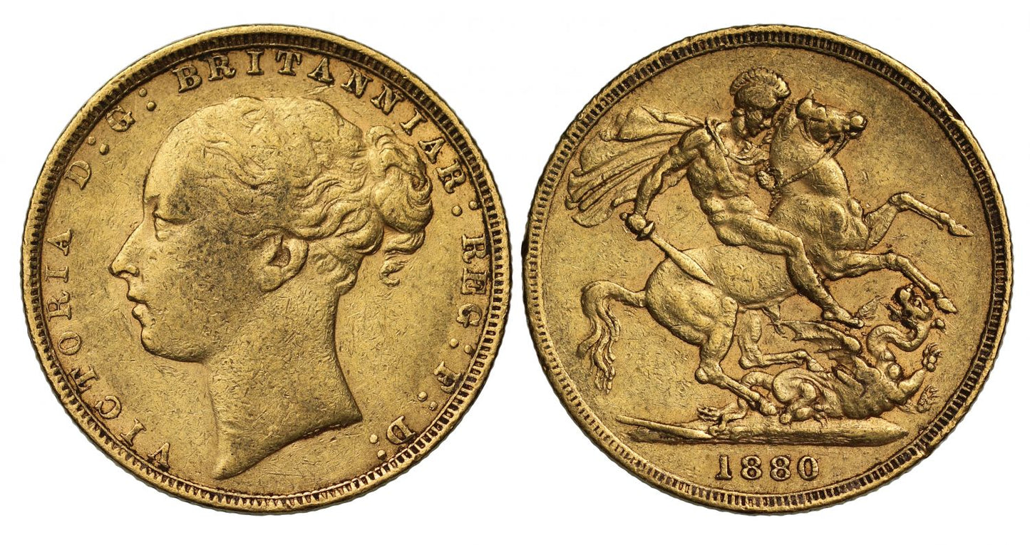 Victoria 1880 Sovereign, second 8 over 7, short tail, small BP, WW buried, 1 no serif