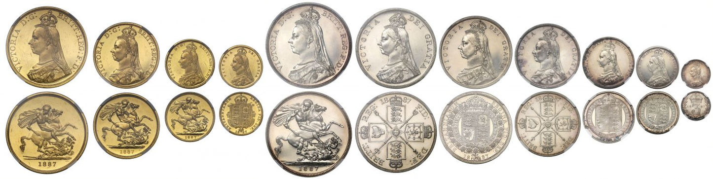 Victoria 1887 Jubilee full gold and silver proof set, NGC graded