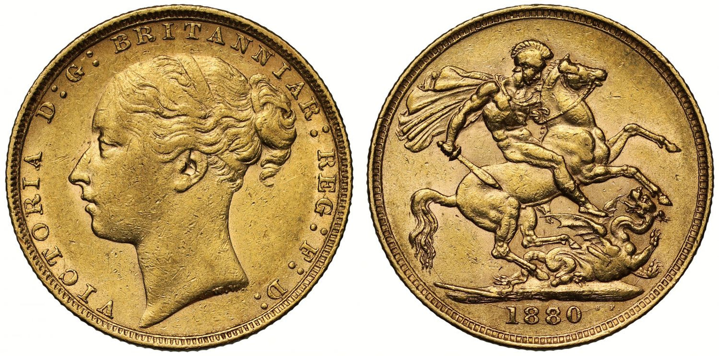 Victoria 1880 Sovereign 8 over 7, long tail, small BP, WW buried in neck