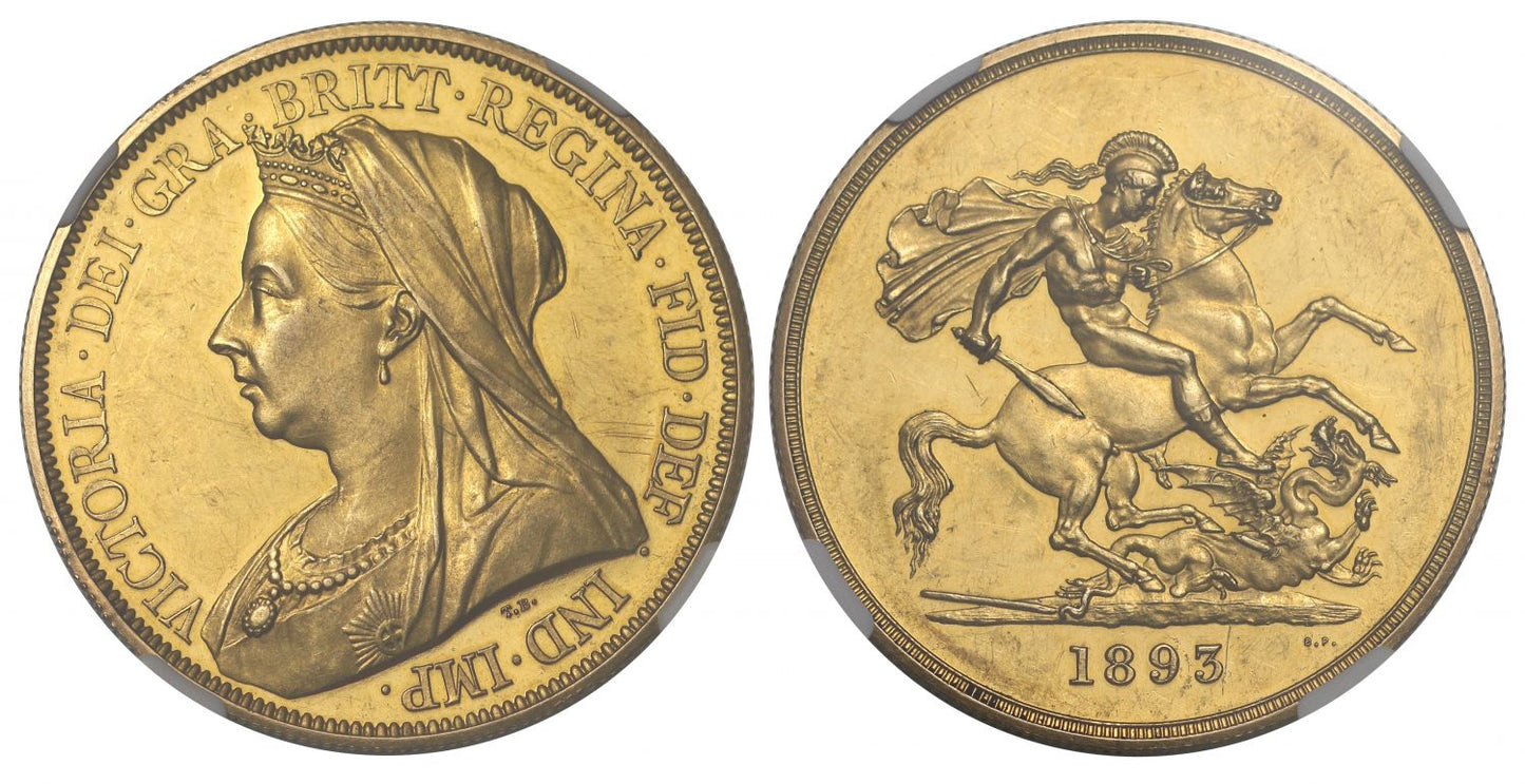 Victoria 1893 proof Five-Pounds, old head PF60 CAMEO
