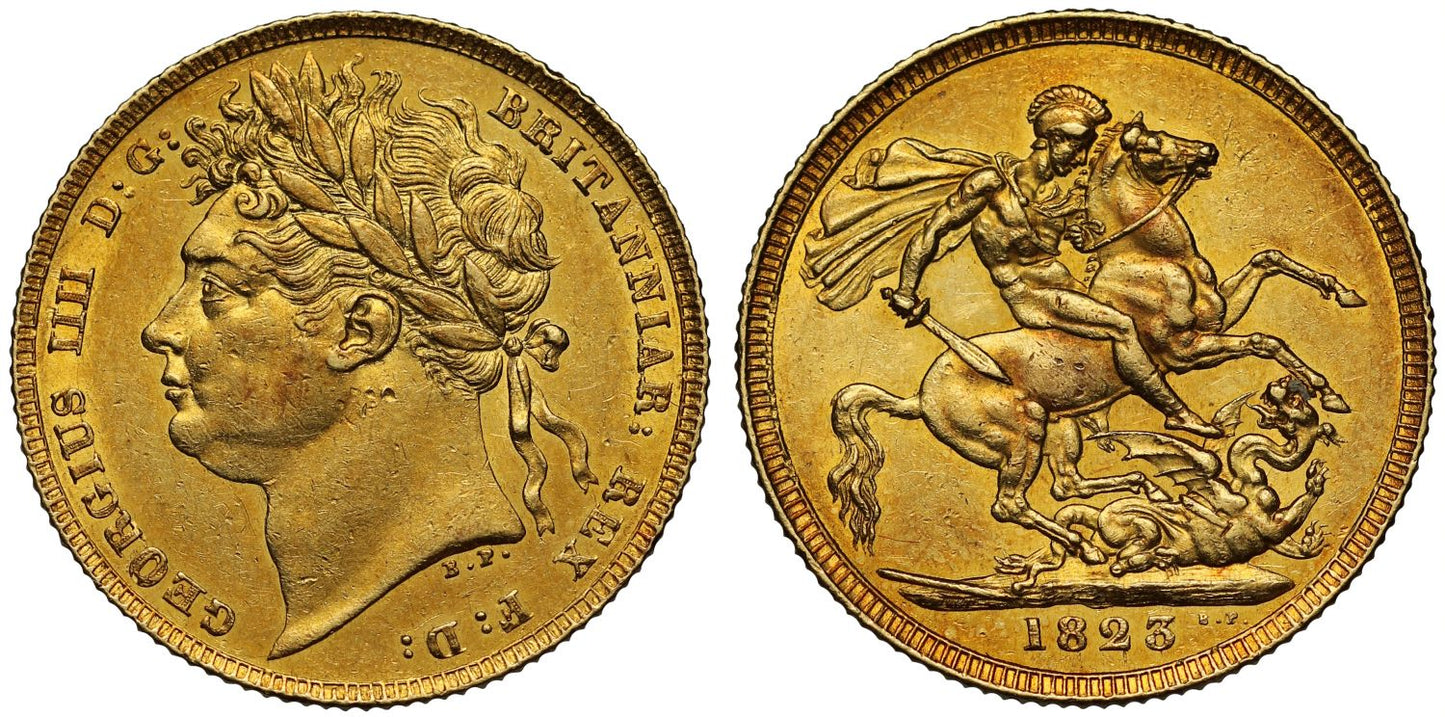 George IV 1823 Sovereign laureate head, AU58, very rare date