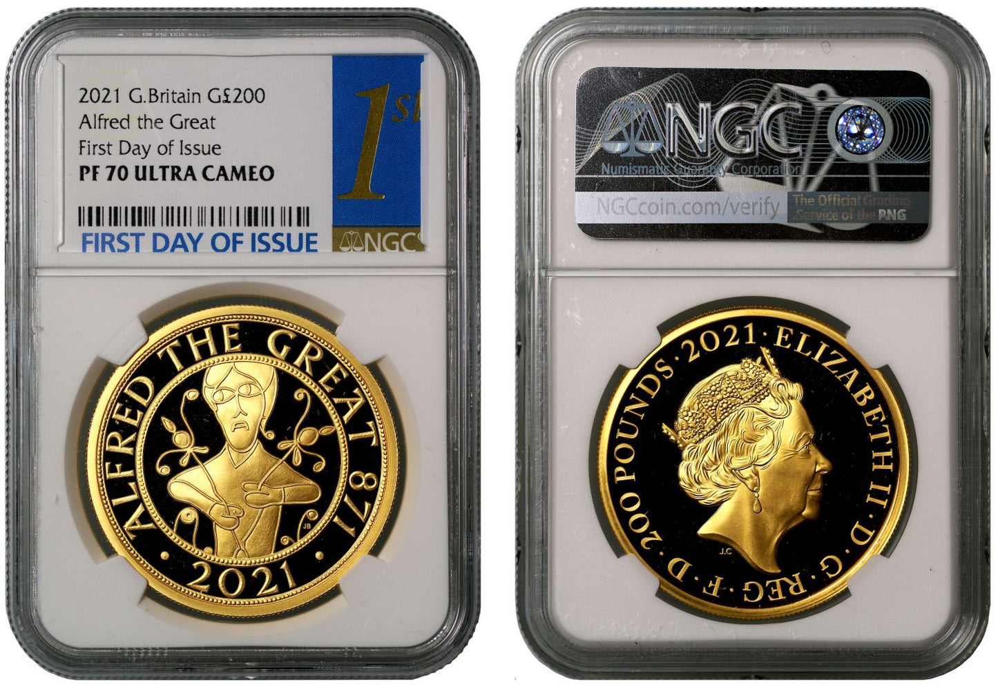*Elizabeth II 2021 gold 2oz PF70 UC First Day Alfred the Great