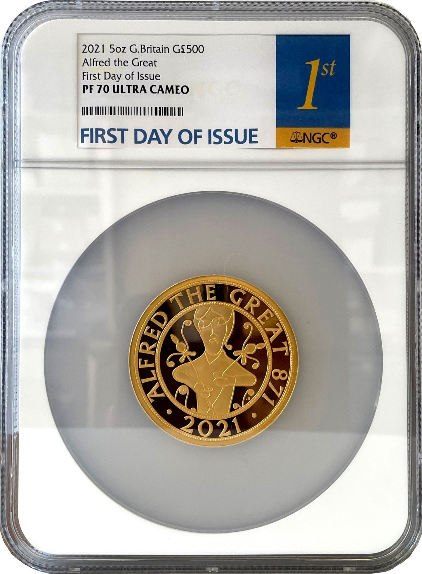 * QEII 2021 PF70UC FDI gold 5oz Alfred the Great