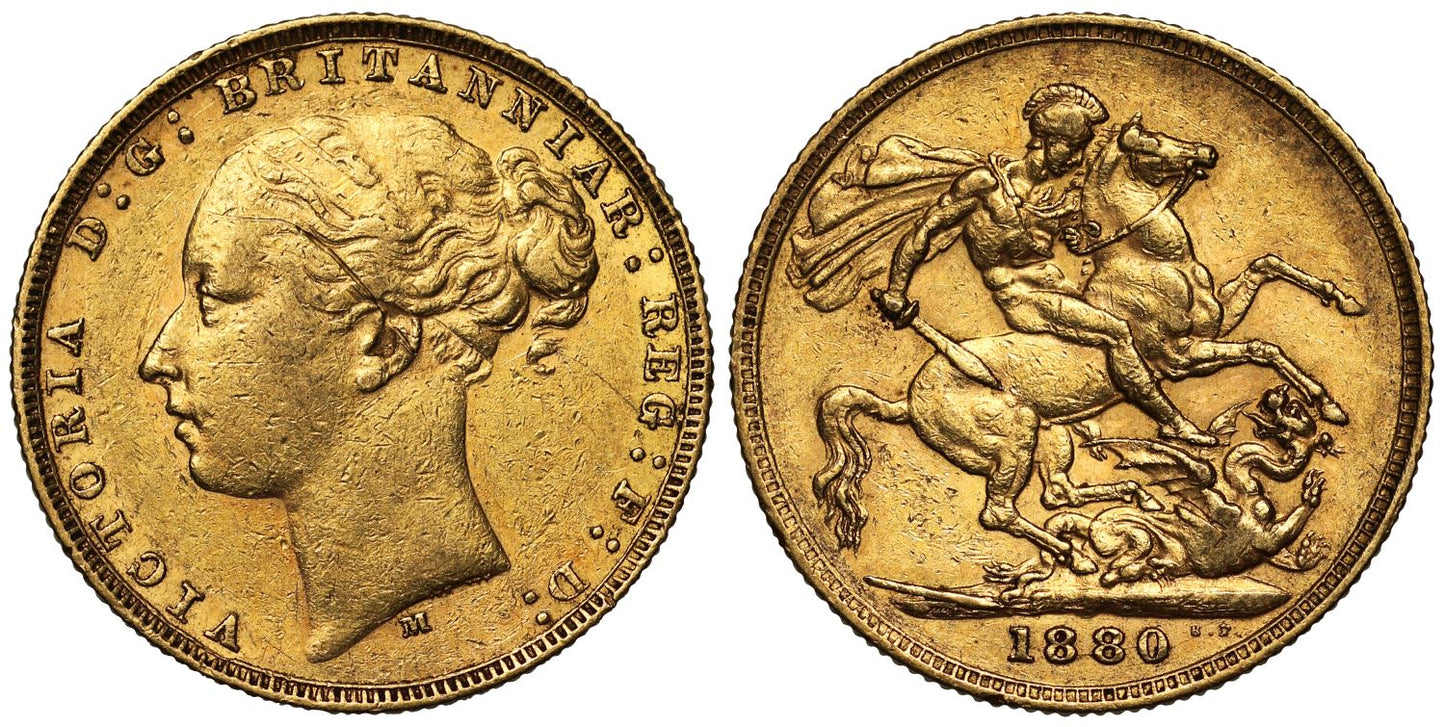 Victoria 1880-M Sovereign, Melbourne, WW buried, long tail, small BP