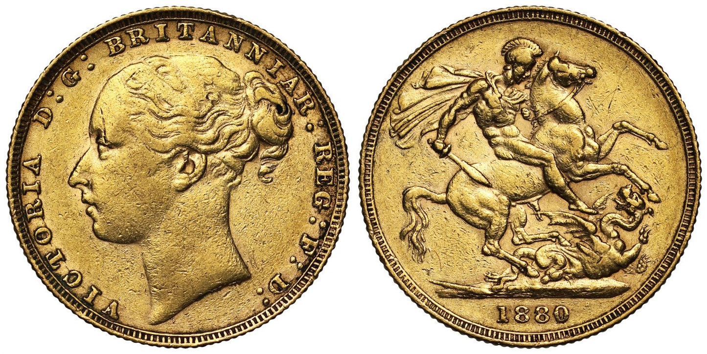 Victoria 1880 Sovereign, WW buried, short tail, small BP in exergue
